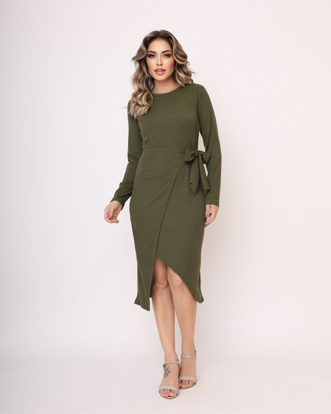 Vestido Midi Canelado Manga Longa - Bel Verde