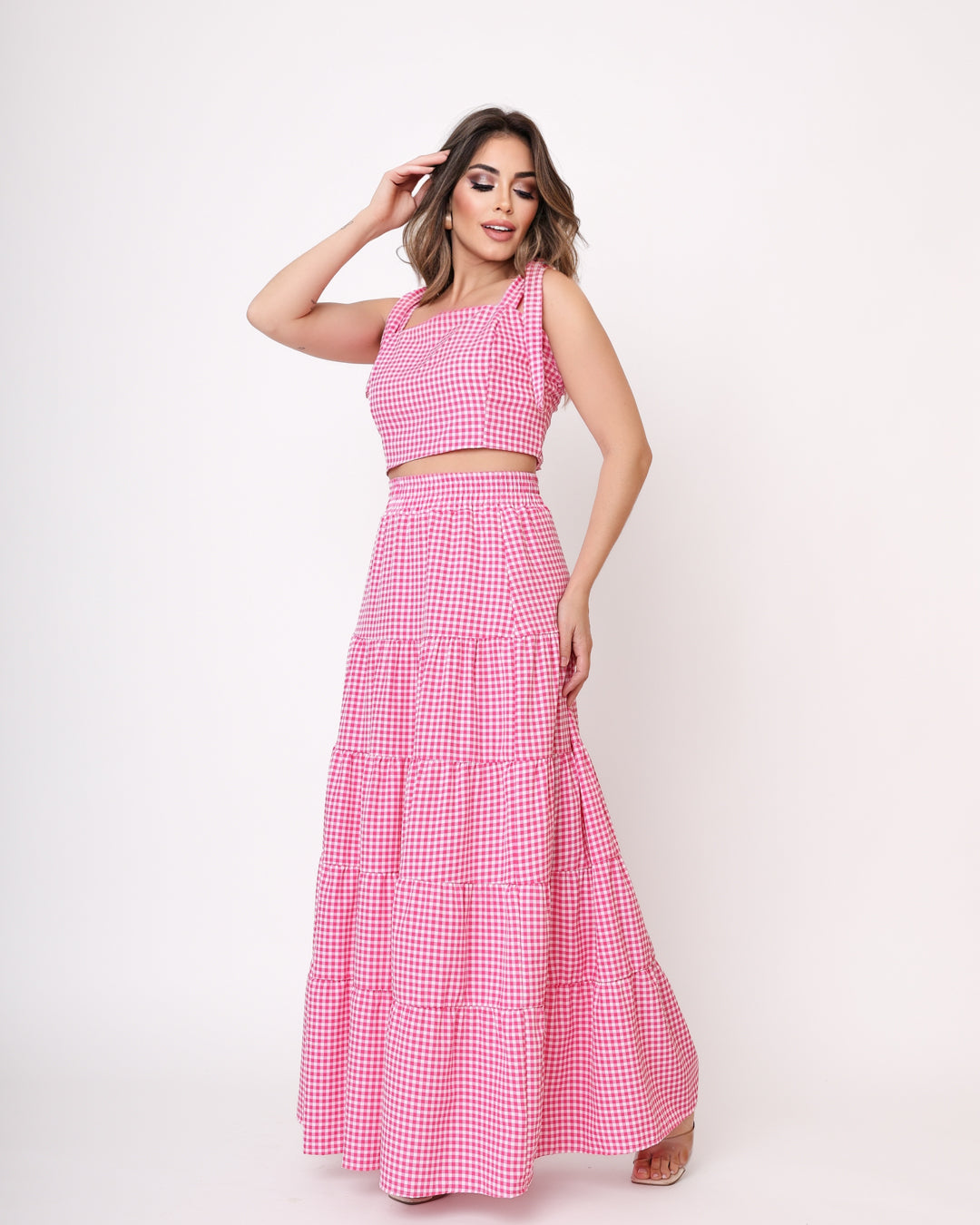 Conjunto Saia Cinco Marias e Cropped com Amarração cor Rosa- Bela