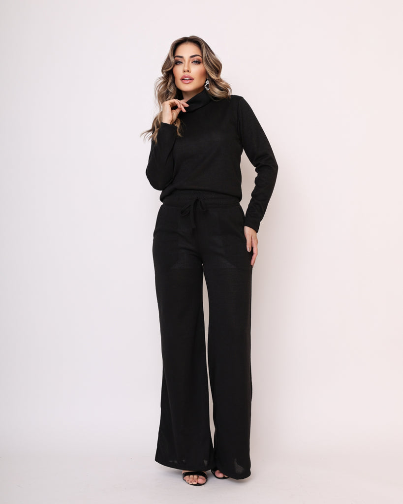 Conjunto Feminino Calça Pantalona e Blusa Gola Alta - Cacilda Preto