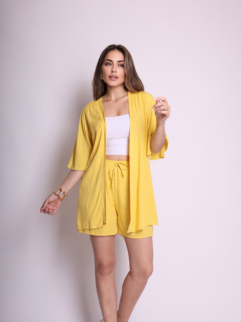 Conjunto Short e Kimono- Lin Amarelo