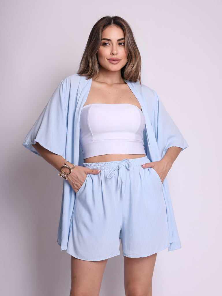 Conjunto Short e Kimono- Lin Azul Bebê