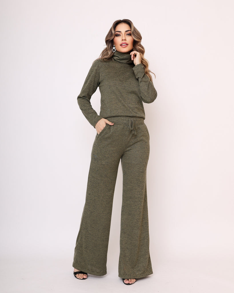 Conjunto Feminino Calça Pantalona e Blusa Gola Alta - Cacilda Verde Militar